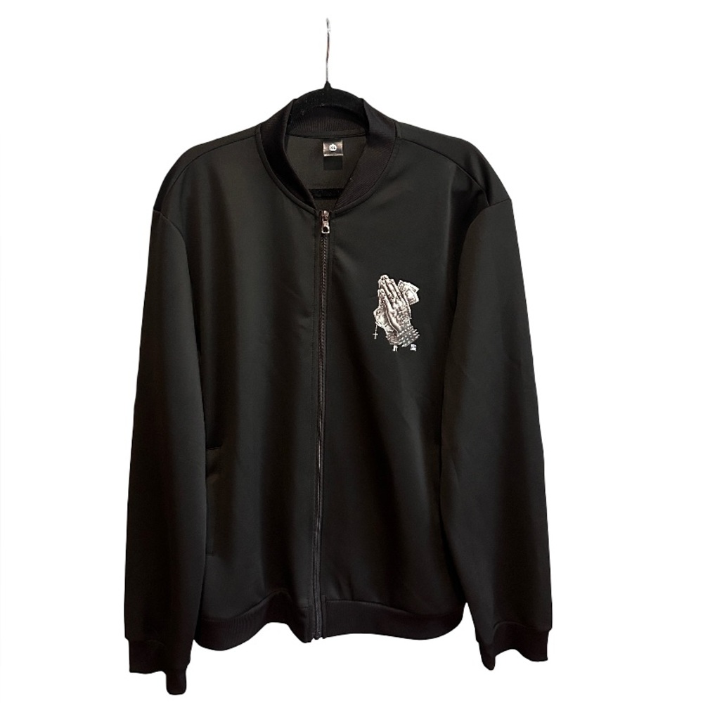 Black Zip-Up Jacket with Praying Hands